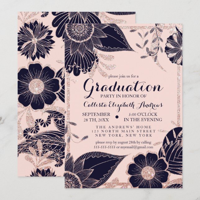 Rose Gold Navy Pink Floral Glitter Graduation Invitation (Front/Back)