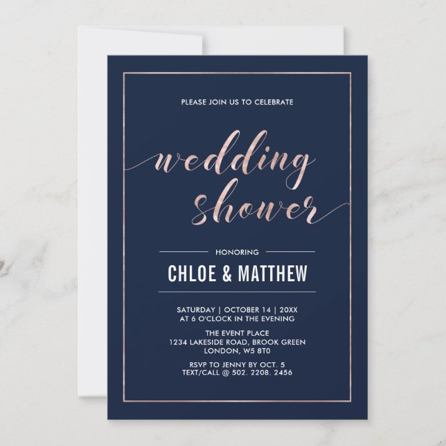 Rose Gold & Navy | Simple Modern Wedding Shower Invitation (Front)