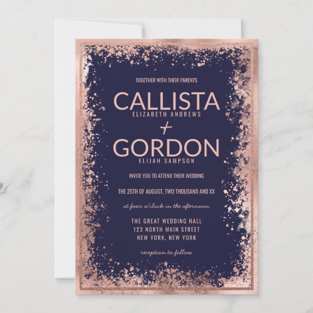 Rose Gold Navy Splatter Glitter Border Wedding Invitation (Front)