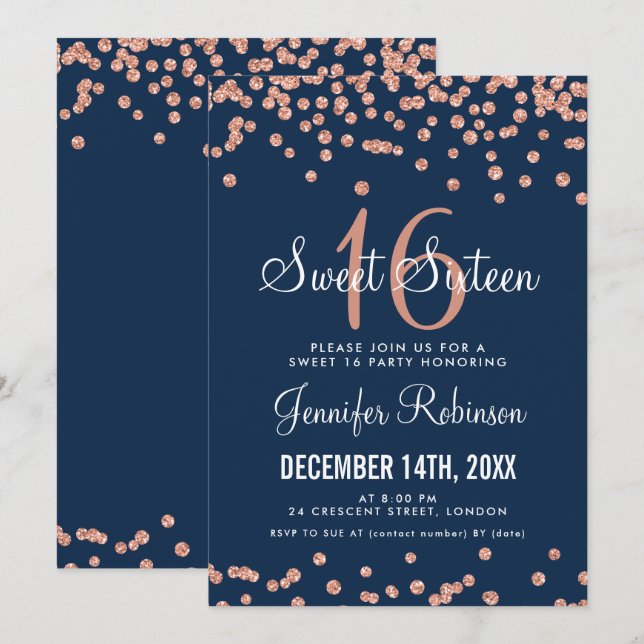 Rose Gold Navy Sweet 16 Birthday Glitter Confetti Invitation (Front/Back)