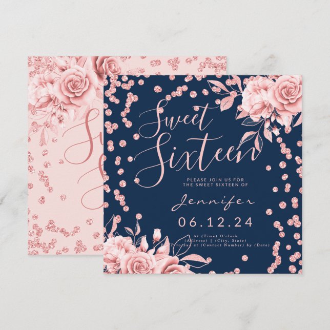 Rose Gold Navy Sweet 16 Glitter Confetti Floral Invitation (Front/Back)