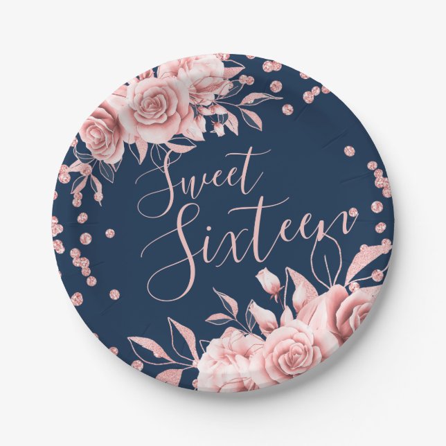 Rose Gold Navy Sweet 16 Glitter Confetti Floral Paper Plate (Front)