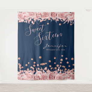 Rose Gold Navy Sweet 16 Glitter Confetti Floral Tapestry