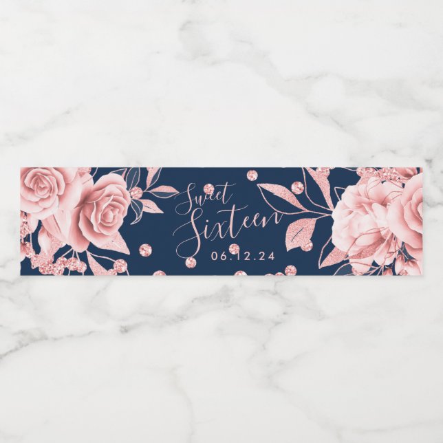 Rose Gold Navy Sweet 16 Glitter Confetti Floral Water Bottle Label (Single Label)