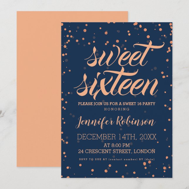 Rose Gold Navy Sweet 16 Sparkle Confetti Invitation (Front/Back)
