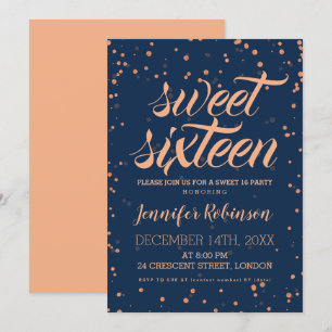 Rose Gold Navy Sweet 16 Sparkle Confetti Invitation