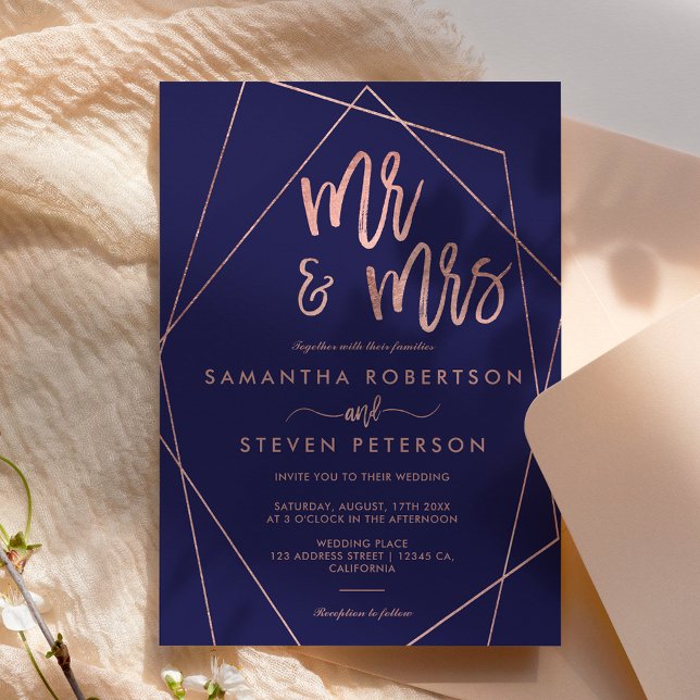 Rose gold navy terrarium all in one wedding invitation (Creator Uploaded)