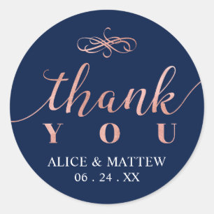 Rose Gold & Navy Wedding Thank you, Favour Classic Round Sticker