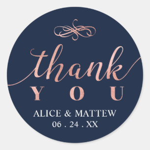 Rose Gold & Navy    Wedding Thank you, Favour Classic Round Sticker