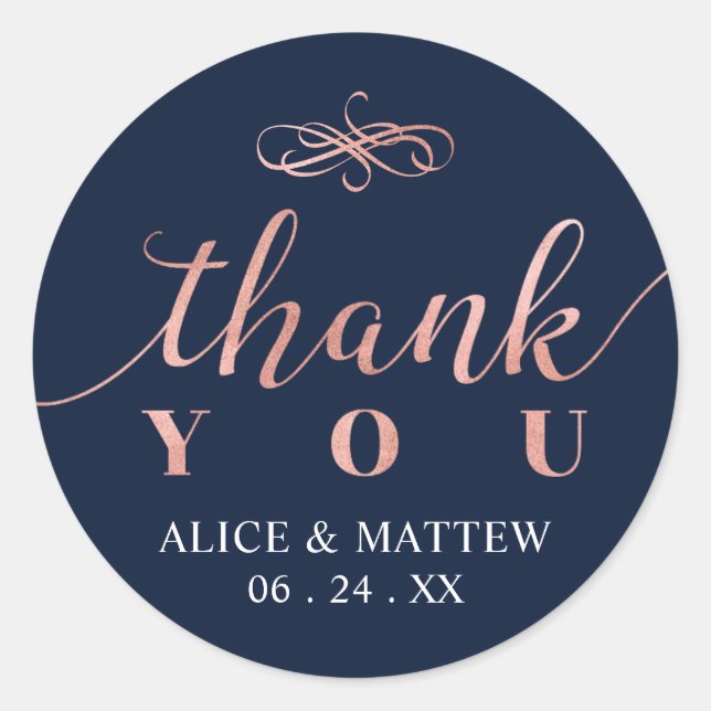 Rose Gold & Navy |  Wedding Thank you, Favour Classic Round Sticker (Front)