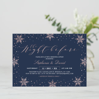 Rose Gold Navy Winter Snow Rehearsal Dinner Party Invitation