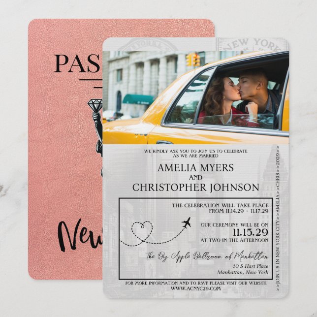 Rose Gold New York City Passport Wedding Invitation (Front/Back)