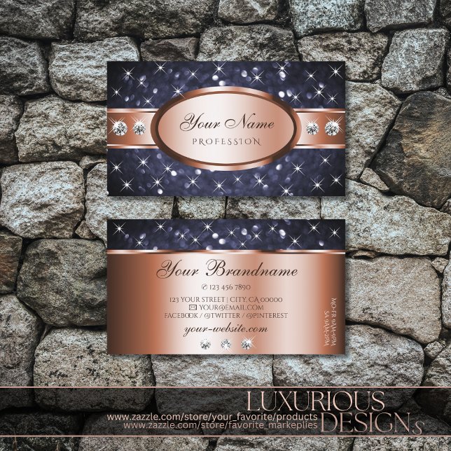 Rose Gold Ocean Blue Glitter and Diamonds Striking Business Card (Creator Uploaded)