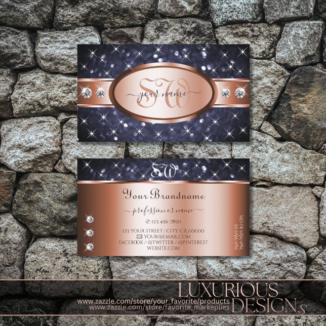 Rose Gold Ocean Blue Glitter Diamonds and Initials Business Card (Creator Uploaded)