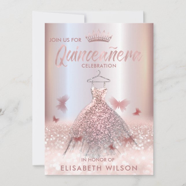 Rose gold ombre butterfly tiara Quinceañera  Invit Invitation (Front)