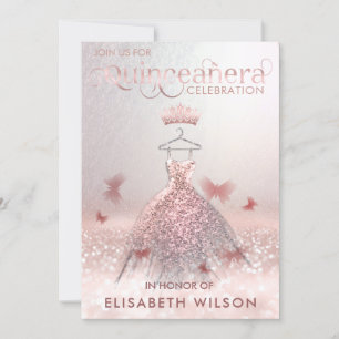 Rose gold ombre butterfly tiara Quinceañera  Invit Invitation