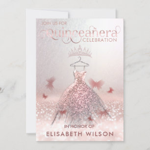 Rose gold ombre butterfly tiara Quinceañera Invit Invitation