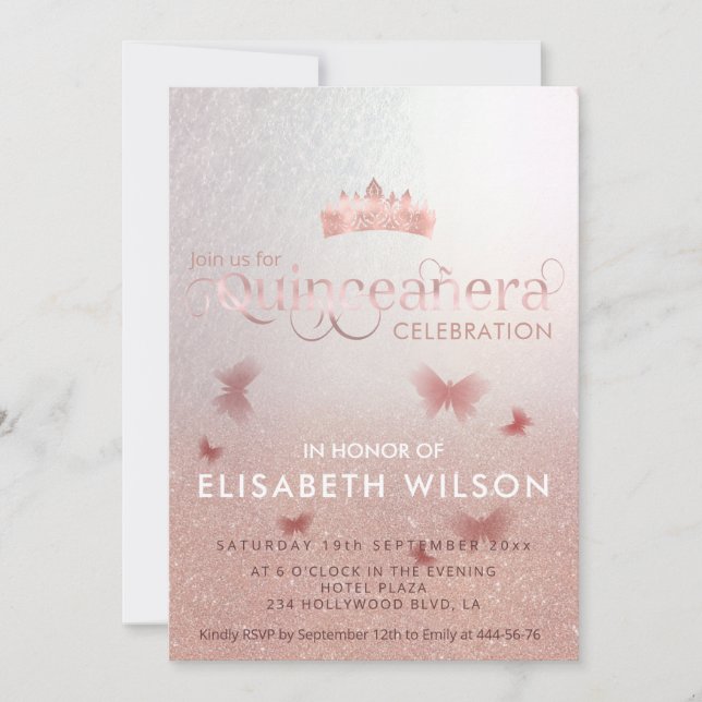 Rose gold ombre butterfly tiara Quinceañera  Invitation (Front)