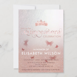 Rose gold ombre butterfly tiara Quinceañera Invitation