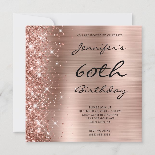 Rose Gold Ombre Foil Left Glitter 60th Birthday Invitation (Front)