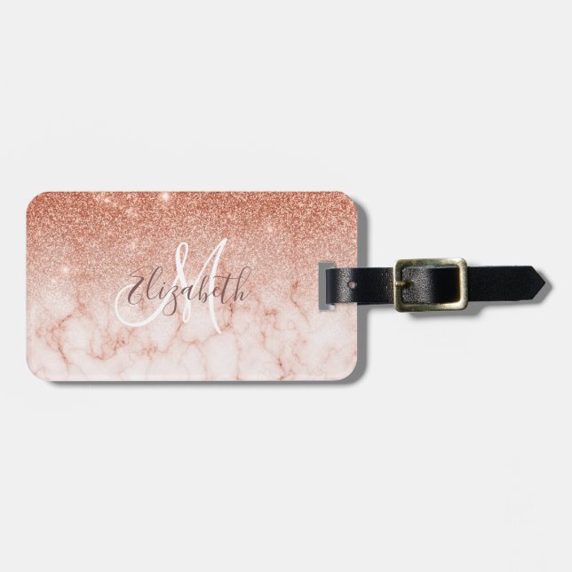 Rose Gold Ombre Marble Glitter Monogram Luggage Tag (Front Horizontal)
