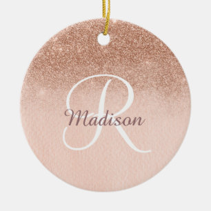 Rose Gold Ombre Personalised Monogram Glitter Ceramic Tree Decoration