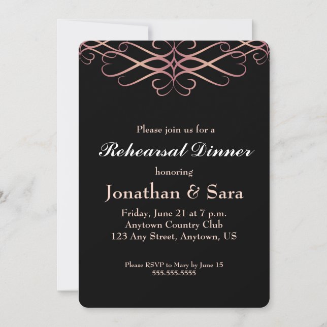 Rose Gold on Black, Elegant Rehearsal Dinner Invitation (Front)