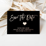Rose Gold on Black with Heart | Save the Date Foil Invitation Postcard<br><div class="desc">This elegant and whimsical rose gold foil wedding save the date postcard without photo features rose gold modern script typography and a romantic matching heart on a dark,  black background. There is room for a personal message on the back.</div>