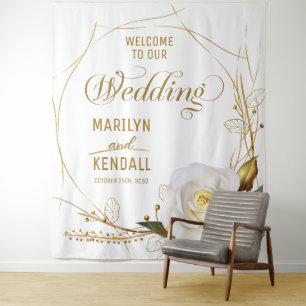 Rose Gold Organic Floral Wedding Backdrop Tapestry