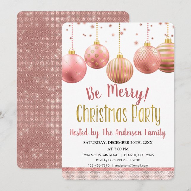 Rose Gold Ornament Christmas Holiday Dinner Party Invitation (Front/Back)