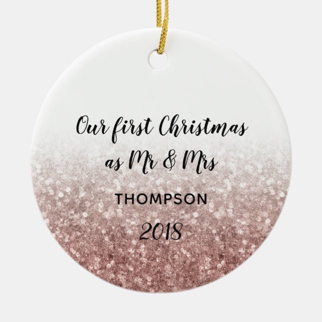Rose Gold Our First Christmas Mr & Mrs Couple Ceramic Tree Decoration (Front)