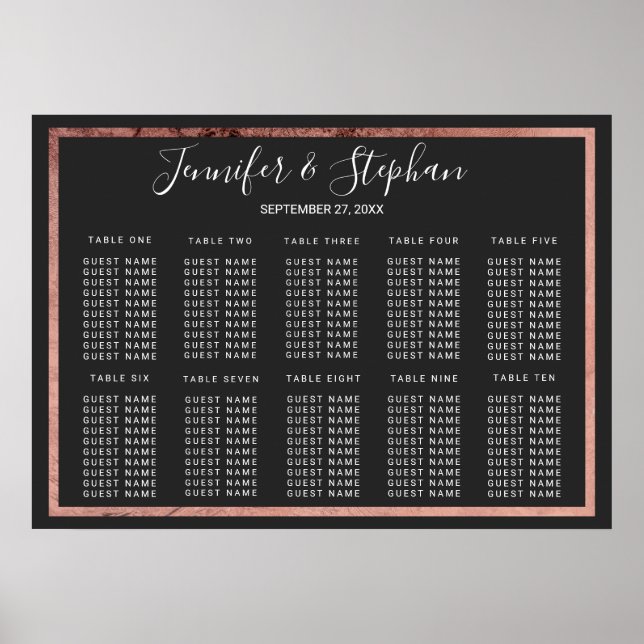 Rose Gold Outline Border Black Seating Chart (Front)