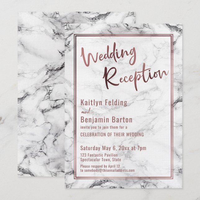 Rose Gold Over Marble Bold Wedding Reception Invitation (Front/Back)