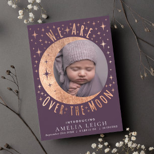 Rose Gold Over the Moon Photo Birth Announcement 