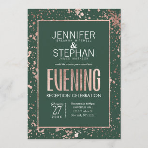 Rose Gold Paint Splatters Green Evening Reception Invitation