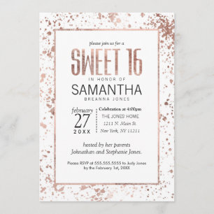 Rose Gold Paint Splatters Sweet 16 Invitations