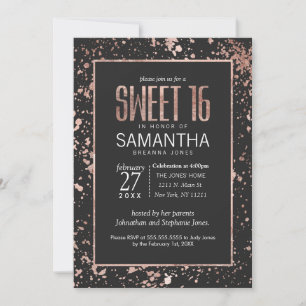 Rose Gold Paint Splatters Sweet 16 Invitations