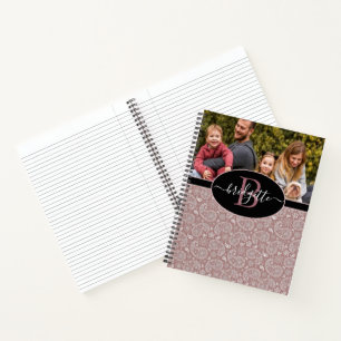 Rose gold paisley and black personalised photo notebook