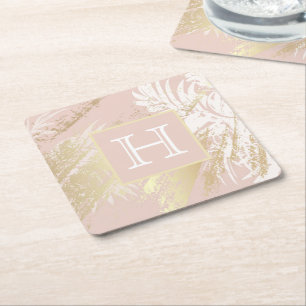 Rose gold palm foliage modern monogram square paper coaster