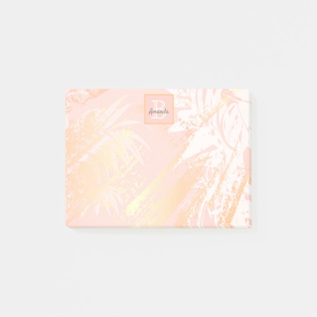 Rose gold palm leaves monogram post-it notes (Front)