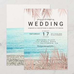 Rose gold palm tree elegant beach photo wedding invitation