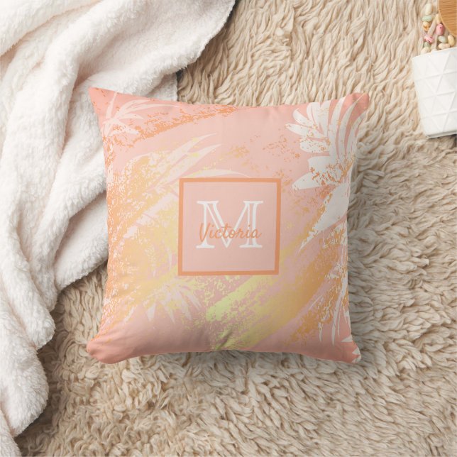Rose gold palm tree foliage monogram cushion (Blanket)
