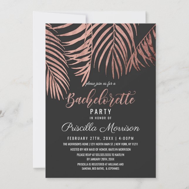 Rose Gold Palm Tree Fronds Black Bachelorette Invitation (Front)