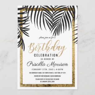 Rose Gold Palm Tree Fronds Black Modern Birthday Invitation