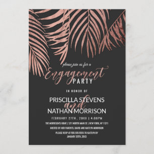 Rose Gold Palm Tree Fronds Black Modern Engagement Invitation