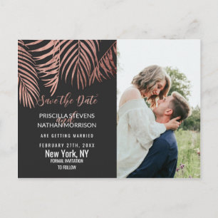 Rose Gold Palm Tree Fronds Black Modern Save Date Postcard