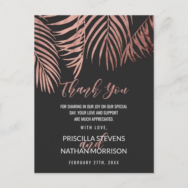 Rose Gold Palm Tree Fronds Black Modern Thank You Postcard (Front)