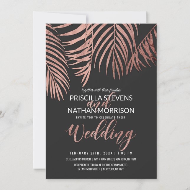 Rose Gold Palm Tree Fronds Black Modern Wedding Invitation (Front)