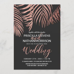 Rose Gold Palm Tree Fronds Black Modern Wedding Invitation