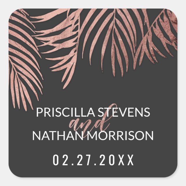 Rose Gold Palm Tree Fronds Black Modern Wedding Square Sticker (Front)